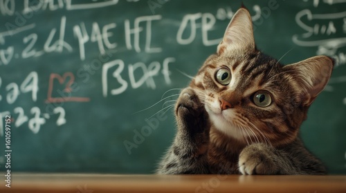 A curious cat contemplates math equations.