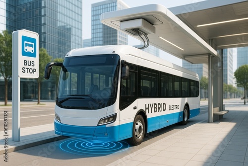Hybrid electric bus at modern charging station with wireless power transfer on city street background during daylight in clean urban setting. Ai generative