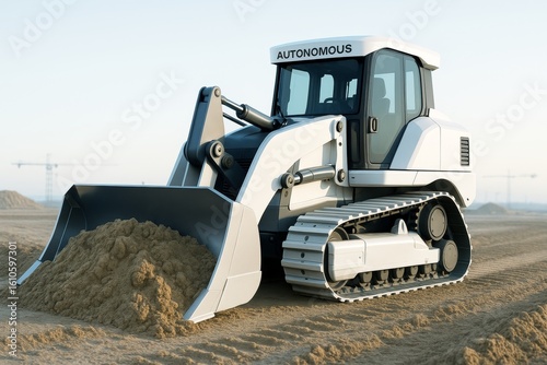 Futuristic autonomous bulldozer in desert environment with light background and creative design concept for construction technology. Ai generative