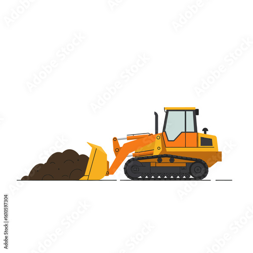 A bright yellow bulldozer, depicted in a flat vector style, is pushing a large pile of dark soil, showcasing construction and earthmoving equipment.