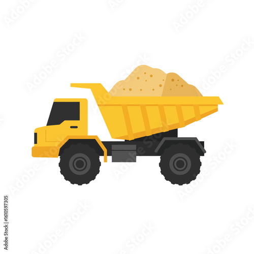 A yellow dump truck, carrying a significant load of sand, is shown in profile view against a stark white background, ideal for construction, industry, and transportation projects.
