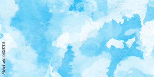 This image gives the impression of soft clouds in a sky blue watercolor image, Soft pastels mixed blue and white colors, soft paper textured canvas element for text design.