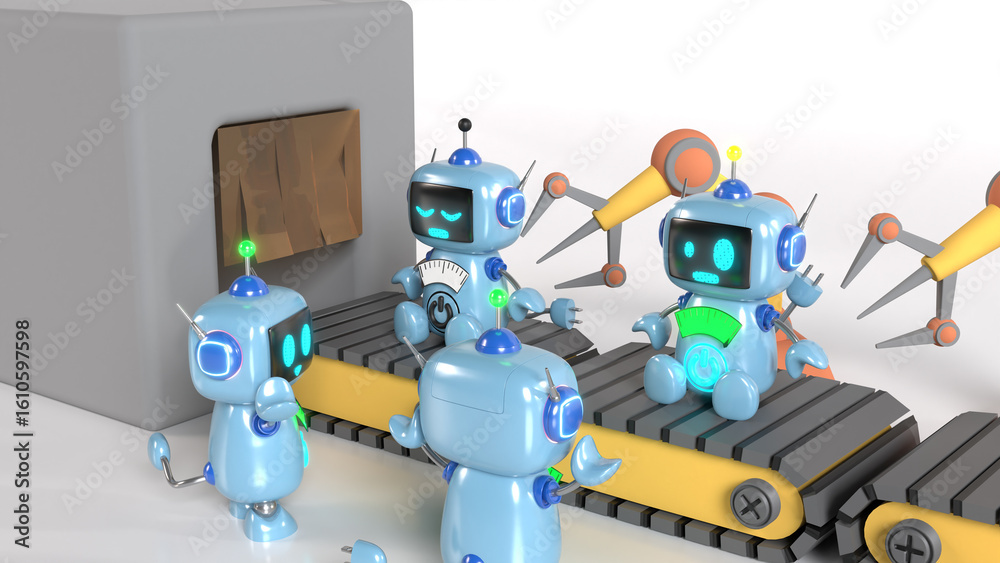 Fototapeta premium 生産されるかわいい青いロボット工場のイラスト