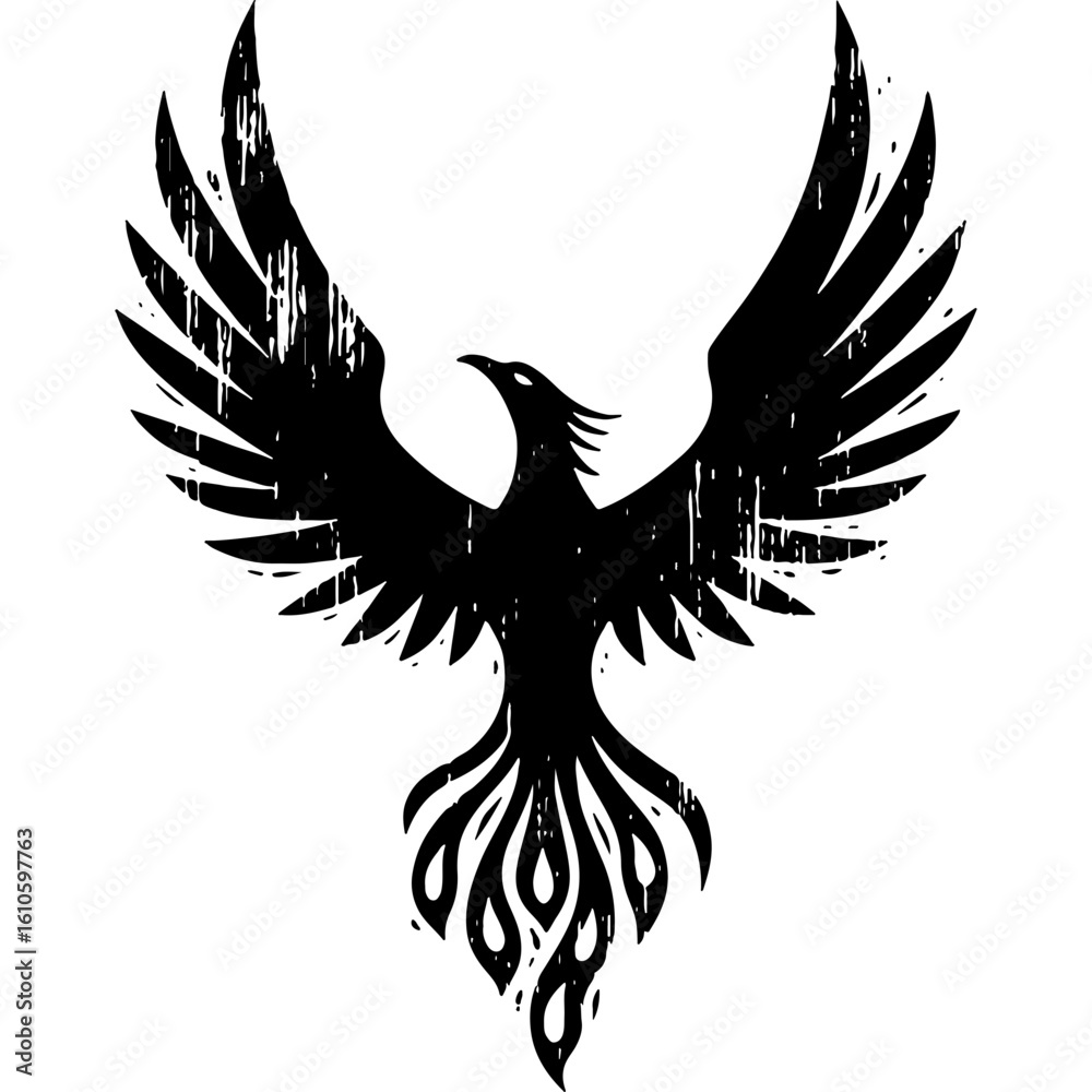 Obraz premium Powerful Phoenix Bird Silhouette in Rustic Woodcut Style. Distressed Mythological Creature Graphic Symbolizing Rebirth & Strength.
