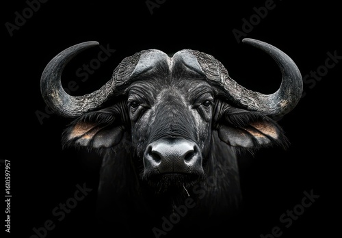 Close-Up Portrait of Majestic African Buffalo with Intense Expression Against Dark Background