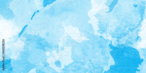 This image gives the impression of soft clouds in a sky blue watercolor image, Soft pastels mixed blue and white colors, soft paper textured canvas element for text design.