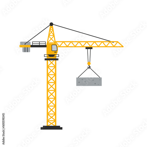 Illustration of a yellow construction crane lifting a concrete block against a clean white background, representing industrial activity and building development.