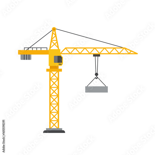 A bright yellow tower crane, depicted as a clean flat vector illustration, is lifting a heavy concrete block, symbolizing urban development and progress.