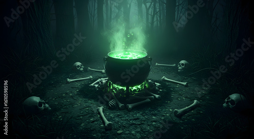 Mystical cauldron with a bubbling green potion glows in a dark forest at night, the scene of a sinister witchcraft ritual surrounded by skulls and bones.