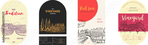 Set templates label, banner or sticker wine product. Collection design elements for corporate branding drinks or juice. Various vector illustration in hand draw sketch style.