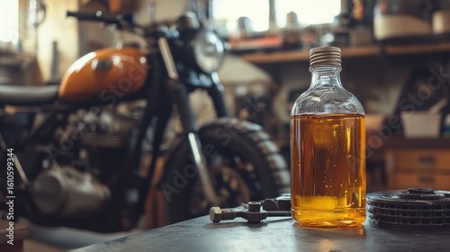 Motorcycle Maintenance:  A bottle of golden engine oil sits on a workbench, with a vintage motorcycle in the soft-focus background.