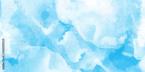 This image gives the impression of soft clouds in a sky blue watercolor image, Soft pastels mixed blue and white colors, soft paper textured canvas element for text design.