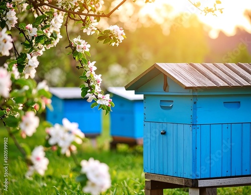 Serene spring landscape featuring blue beehives amidst blooming apple trees bathed in golden