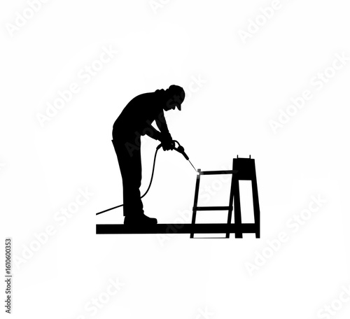 Silhouette of shipyard worker cutting steel on white background