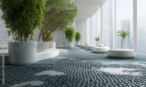 futuristic self-cleaning floor material, seamless smart surfaces, clean modern interior 