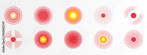 Red concentric circles of pain points. Markers of inflammation localization in the body. Design for painkiller medications. Health care. Vector illustration