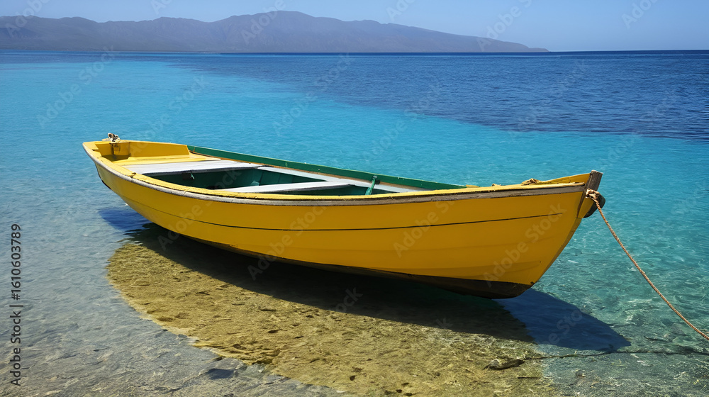 Naklejka premium Anchored yellow rowboat