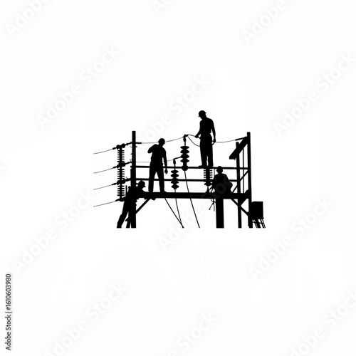 Silhouette of team working at electric substation on white background