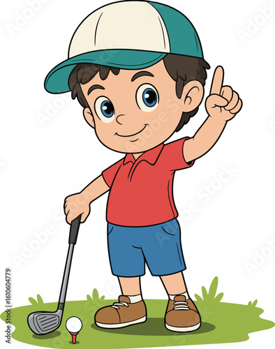 Cute cartoon boy playing golf, holding club, smiling kid golfer illustration, vector design for sports, children activity, outdoor fun