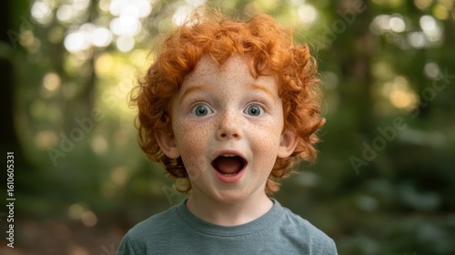 A surprised redhead child in nature.
