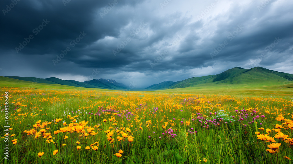 Obraz premium vast meadow wildflowers beneath storm clouds glowing landscape