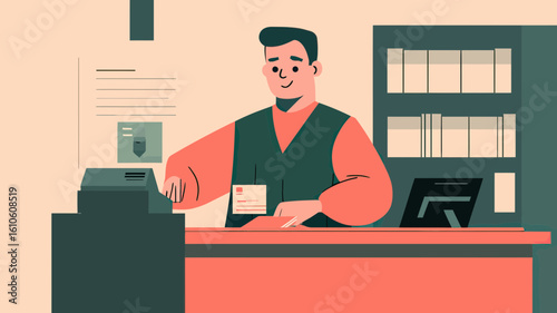 Bank cashier working at counter with cash register and computer in modern minimalist flat vector style illustration of customer service in financial institution interior