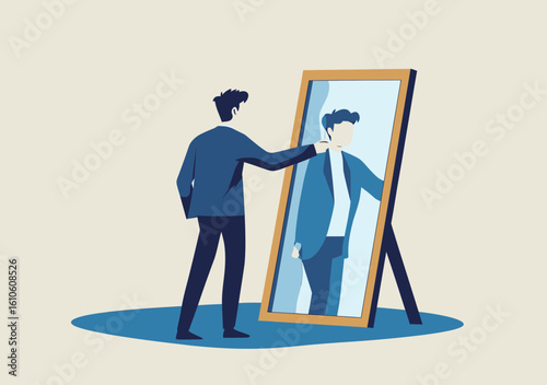 Businessman looking at reflection in mirror showing confident pose with hand on chin, self esteem and motivation concept flat vector illustration