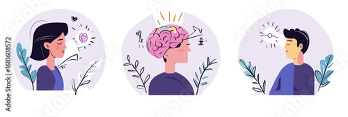 People reflecting on mental health and wellness with visual metaphors of brain activity, heart healing, and clarity in minimalist flat vector style