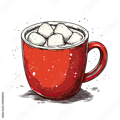 Hand drawn red ceramic mug filled with hot chocolate topped with marshmallows sketch style cozy winter drink vector illustration