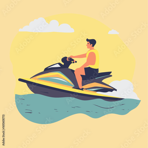 Young Man Riding Jet Ski on Water in Minimalist Flat Vector Style Sporting Life Vest and Summer Clothing on Sunny Day with Clouds
