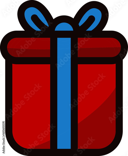 Vector graphic icon of a red gift box with a blue ribbon. A simple illustrated present asset for celebration and holiday designs.