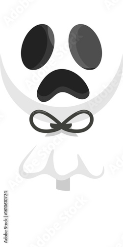 Vector illustration of a sorrowful ghost character with a bow tie. Spooky Halloween graphic design asset isolated on white.
