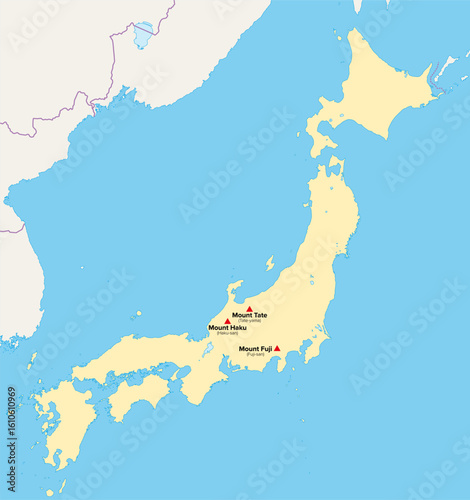 Three Holy Mountains of Japan, Sanraizan, map. All three located on Honshu in Central Japan, and revered by tradition. Mount Fuji or also Fuji-san, Mount Haku or Haku-san, and Mount Tate or Tate-yama.