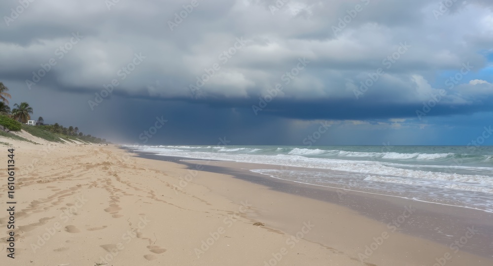Calm beach with storm brewing in the distance Calm beach with storm brewing in the distance