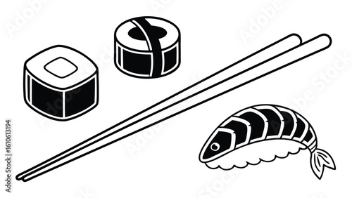 Japanese sushi illustration in black and white featuring chopsticks and various sushi rolls