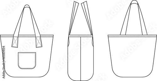 Flat vector technical drawing of tote bag with front pocket, top handles, side view, back panel, fashion accessory illustration