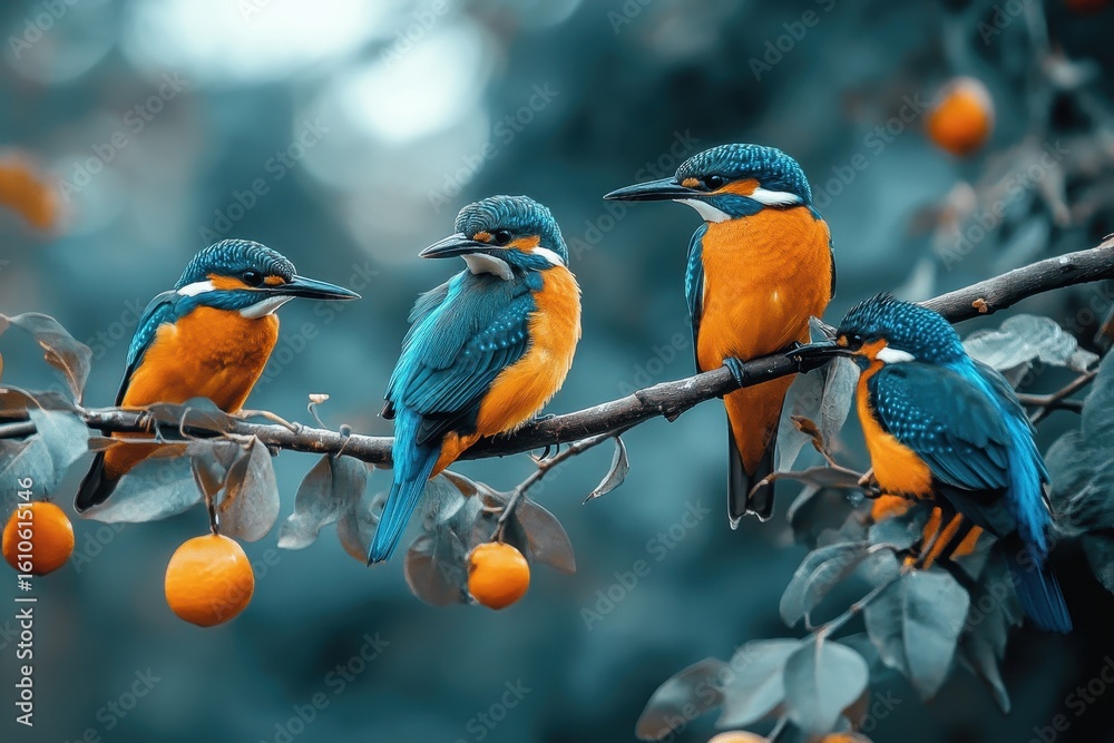 Obraz premium Vibrant wild birds perched on branches amidst lush foliage and fruit, beautiful wild birds sitting on the branches