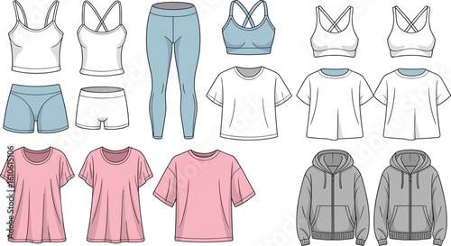 Activewear fashion flat vector set, sports bras, shorts, leggings, hoodies, casual clothing design, CAD drawing flat vector illustration
