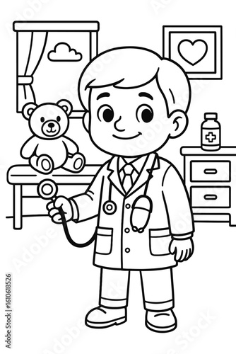 Little Doctor Playing in Exam Room Coloring Page