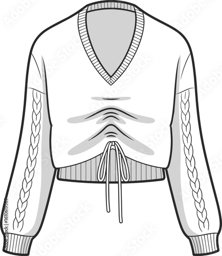 Cropped ruched sweater fashion vector, V-neckline, braided sleeve details, ribbed hem design, stylish cozy apparel, CAD drawing flat vector illustration