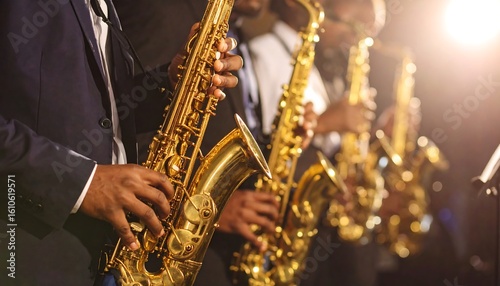 Jazz musicians playing saxophones in a dimly lit venue