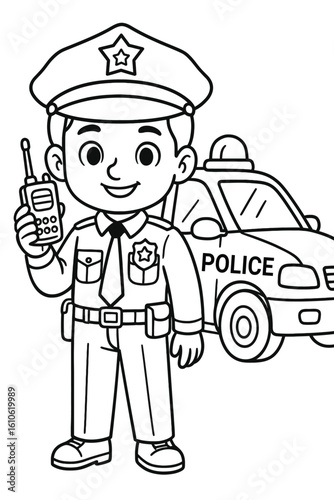 Happy Young Police Officer with Radio and Car Coloring Page
