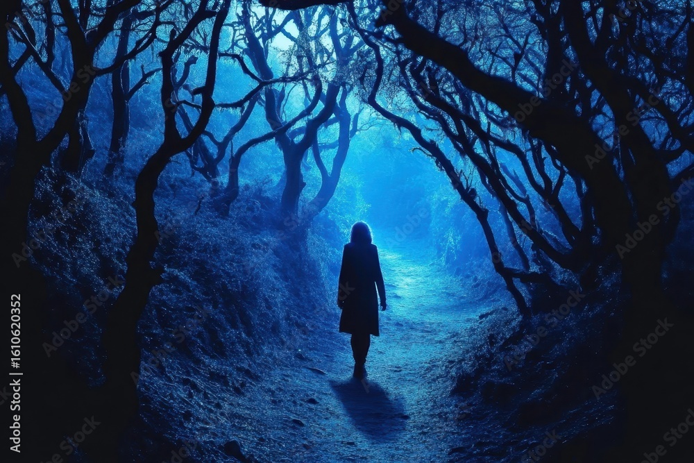 Fototapeta premium Walking slowly through a haunted forest path under a dim blue light at dusk, Walking slowly through the path of a haunted forest at night