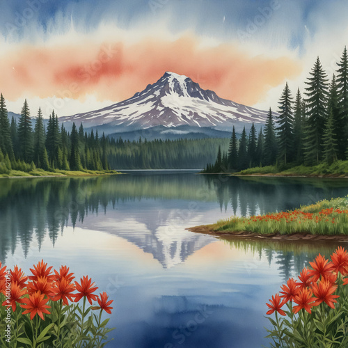 Watercolor illustration of Mount Hood viewed from Trillium Lake, Oregon, USA A calm reflective lake surrounded by fir trees and red Indian paintbrush flowers, with Mount Hood glowing in the background