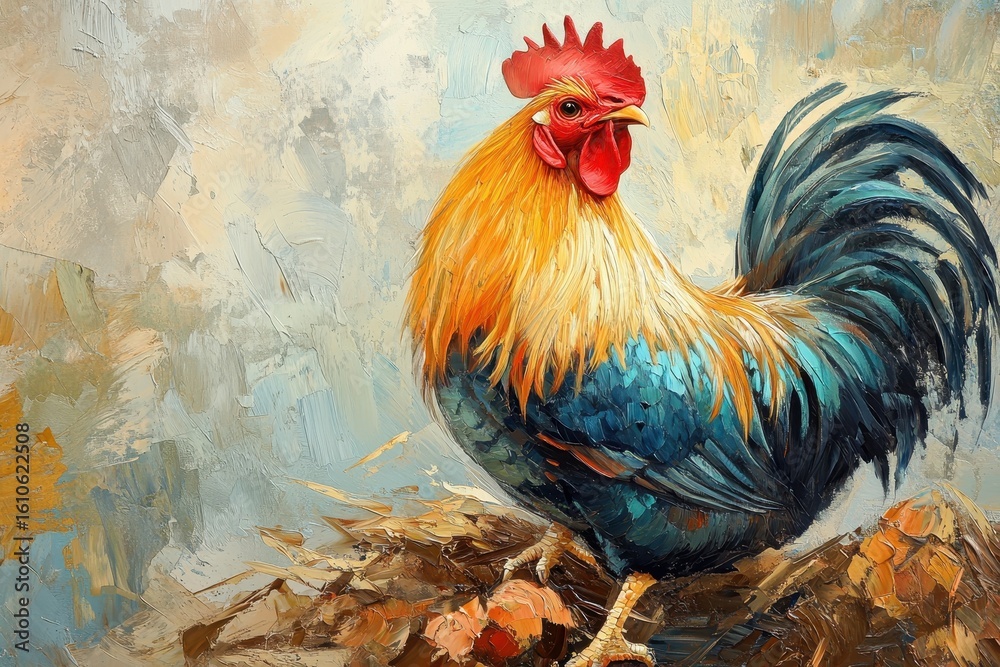 Fototapeta premium Colorful rooster rests on hen and surveys surroundings in a serene farm setting during the day, beautiful rooster sits on a hen and looks around
