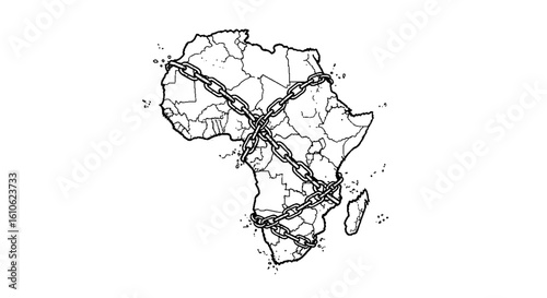Conceptual black and white line drawing of the African continent bound in heavy chains.