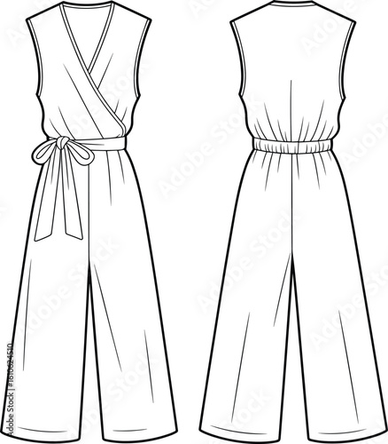 Sleeveless wrap jumpsuit CAD drawing flat vector illustration, front and back view with belt tie waist and wide leg