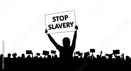 Silhouette of Protestors Holding Stop Slavery Sign in Demonstration.