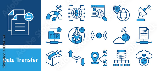 Data Transfer icon set with Bandwidth, Gateway, Checksum, VPN, Receiver, FTP, Fiber optic, Signal.
