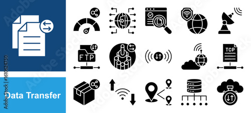 Data Transfer icon set with Bandwidth, Gateway, Checksum, VPN, Receiver, FTP, Fiber optic, Signal.
